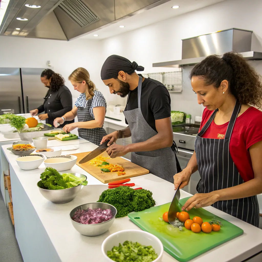 Professional vegan cooking class with participants engaged in learning